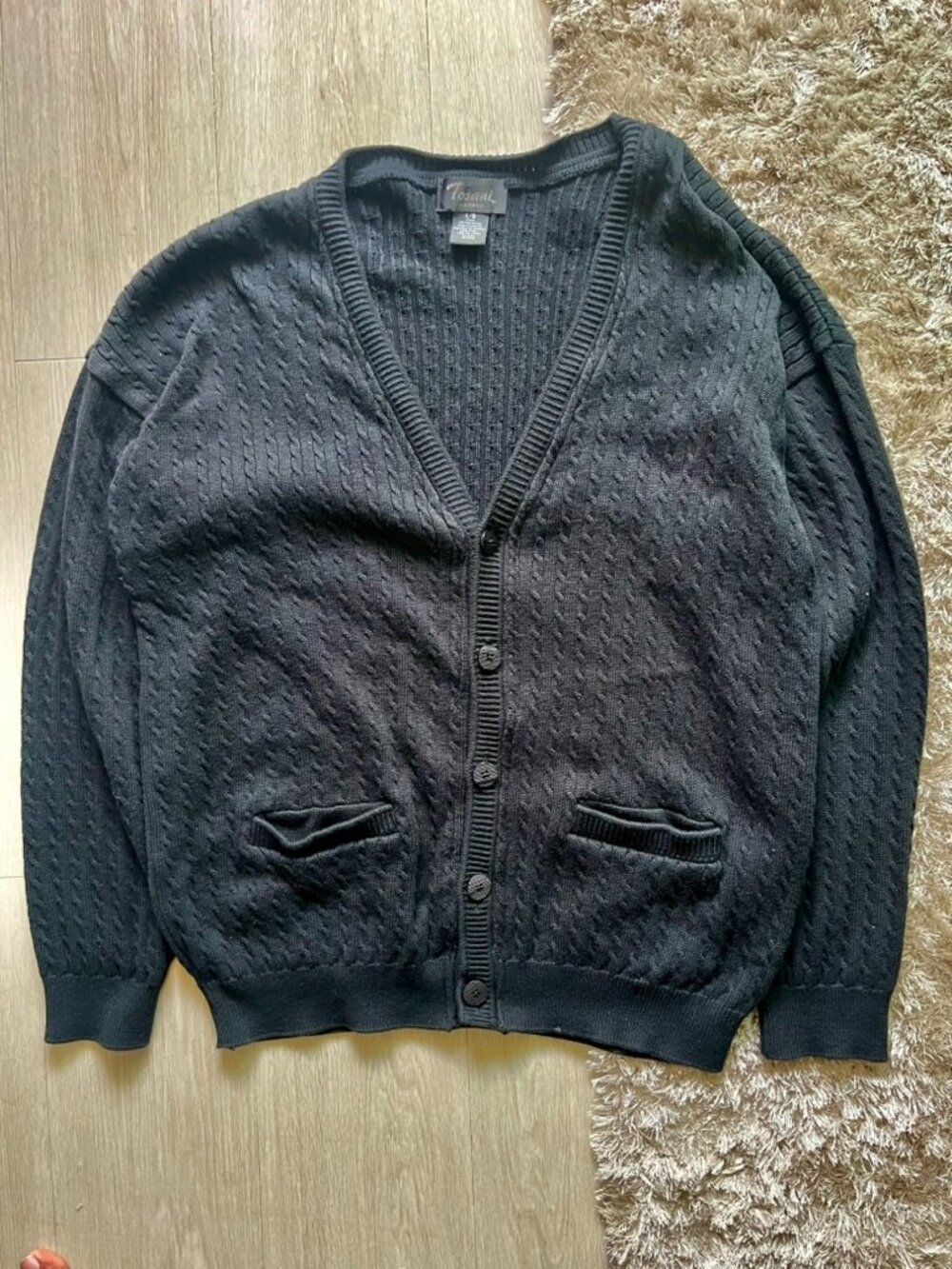 Vintage 90s Tosani Cable Knit Cardigan Men’s Large Black Made in Canada Elordi